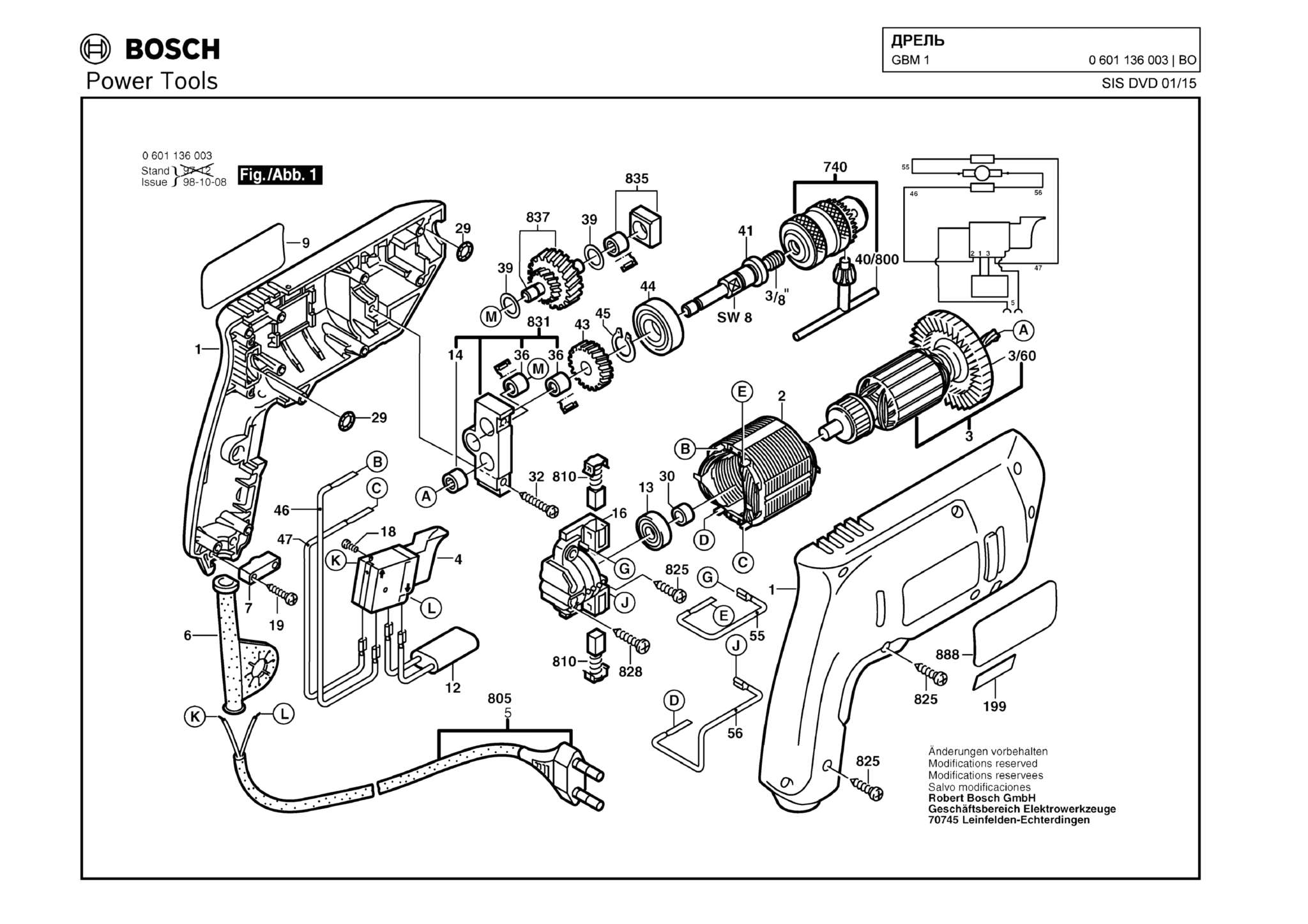 Запчасти, схема и деталировка Bosch GBM 1 (ТИП 0601136003)