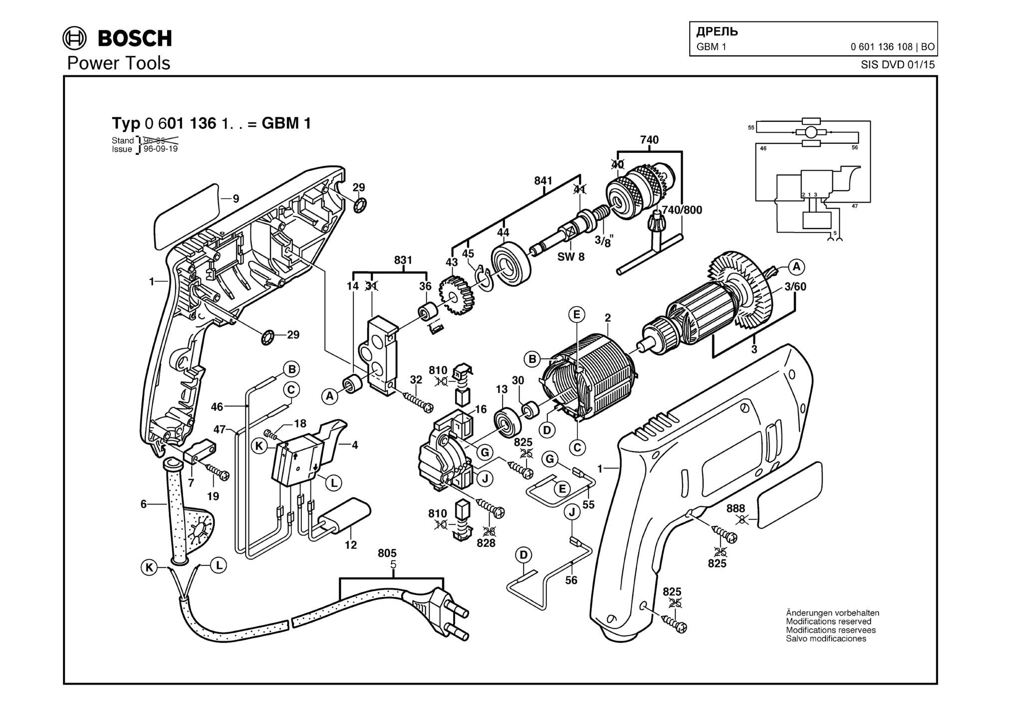 Запчасти, схема и деталировка Bosch GBM 1 (ТИП 0601136108)