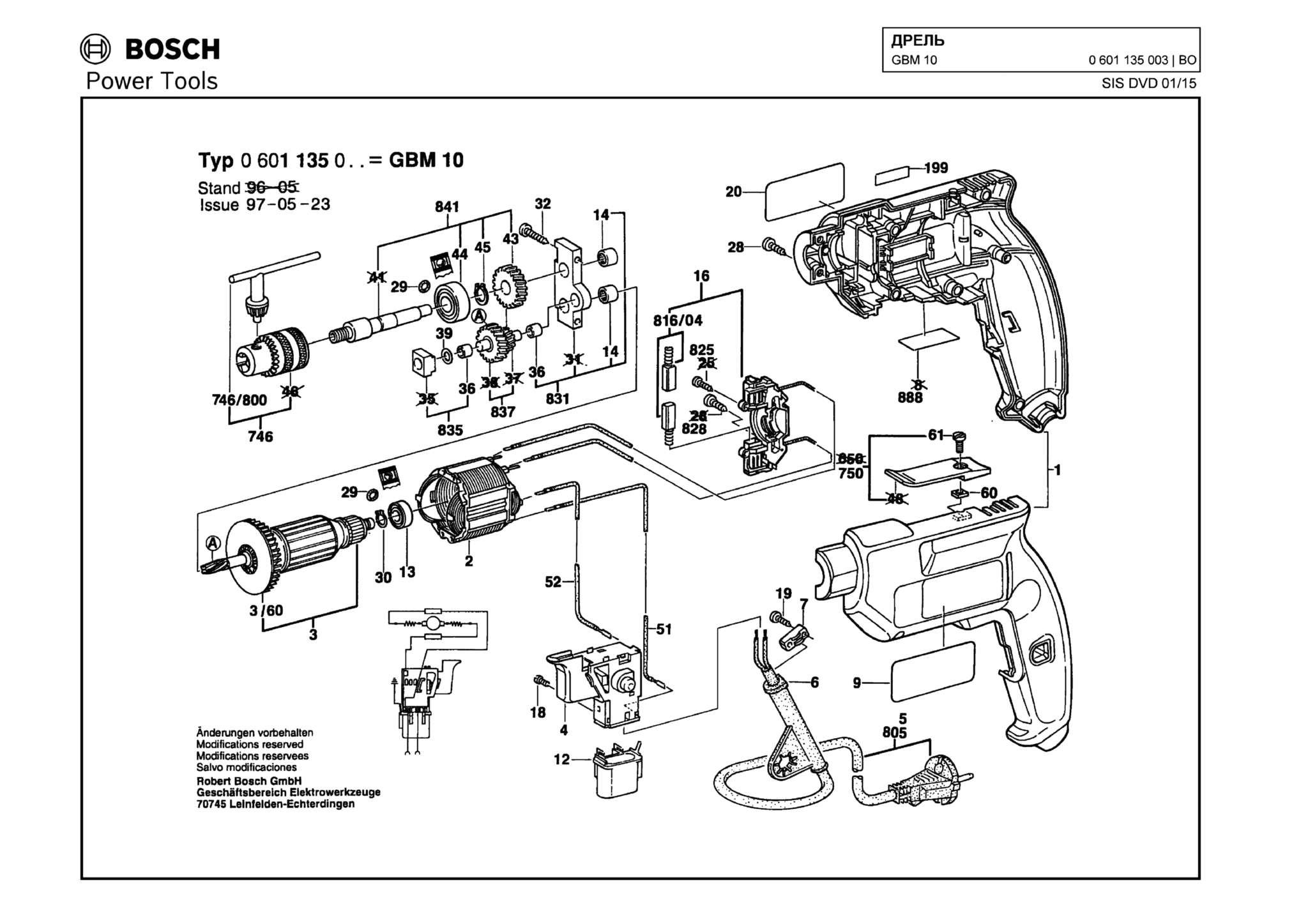 Запчасти, схема и деталировка Bosch GBM 10 (ТИП 0601135003)