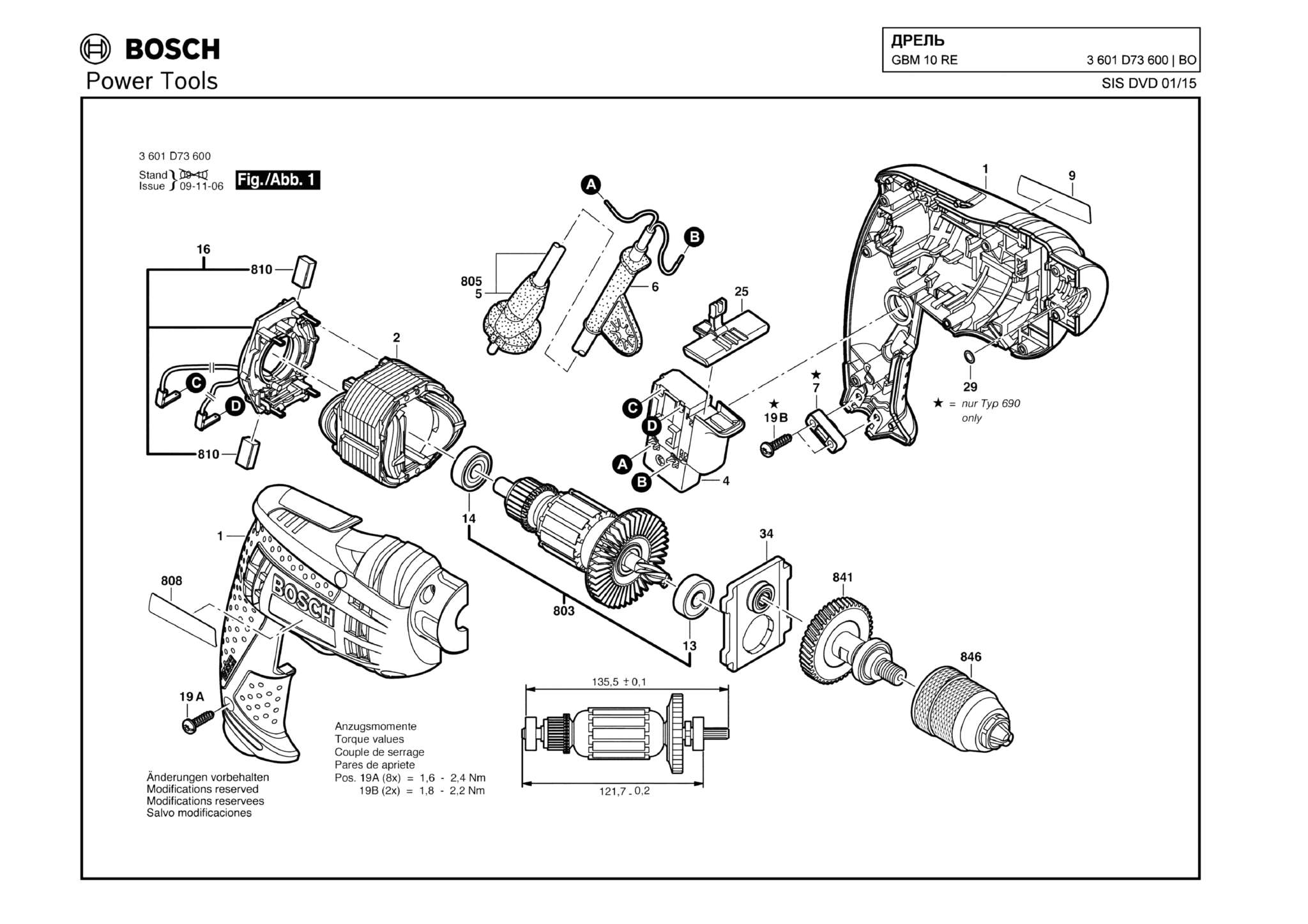 Запчасти, схема и деталировка Bosch GBM 10 RE (ТИП 3601D73600)