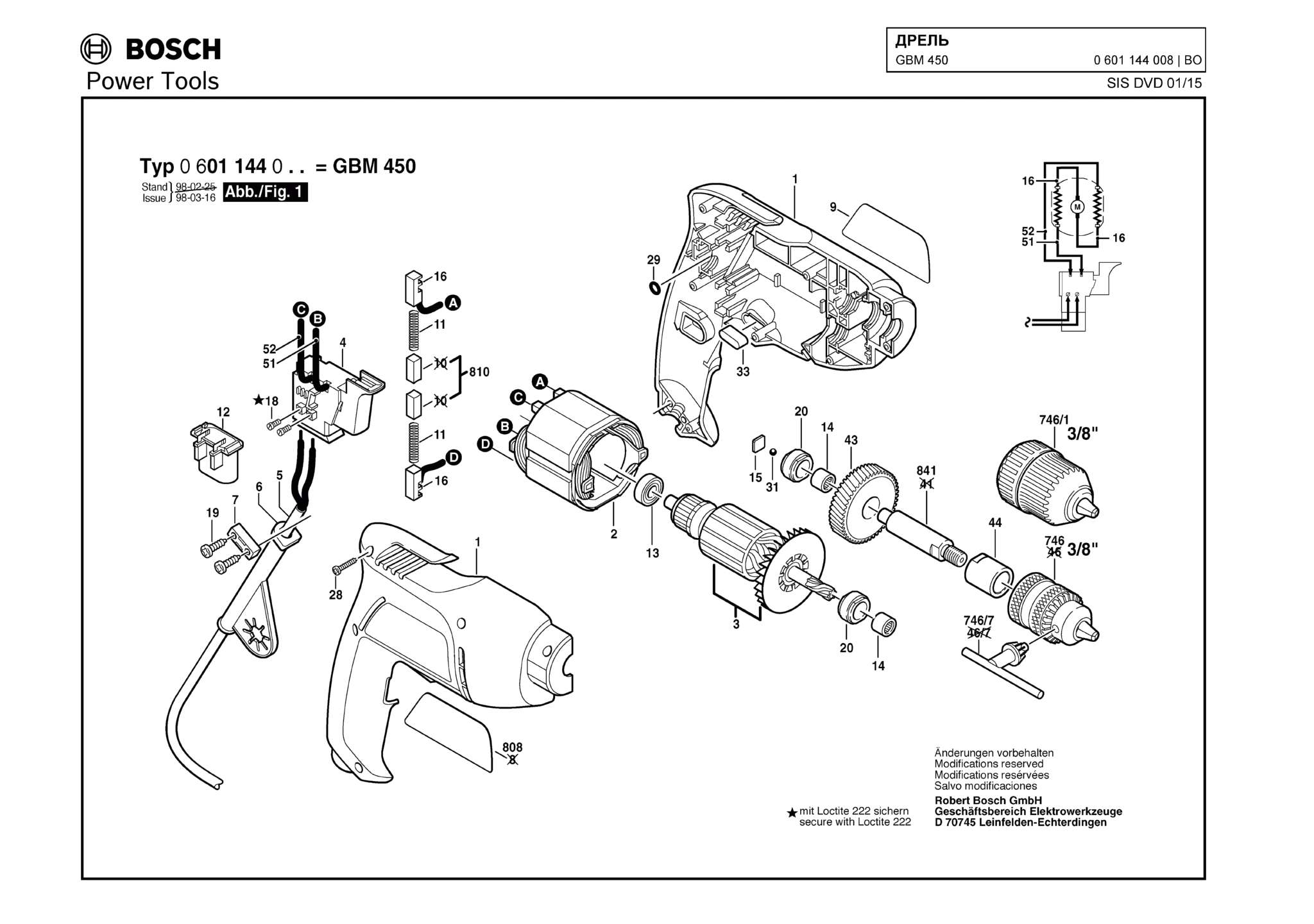 Запчасти, схема и деталировка Bosch GBM 450 (ТИП 0601144008)