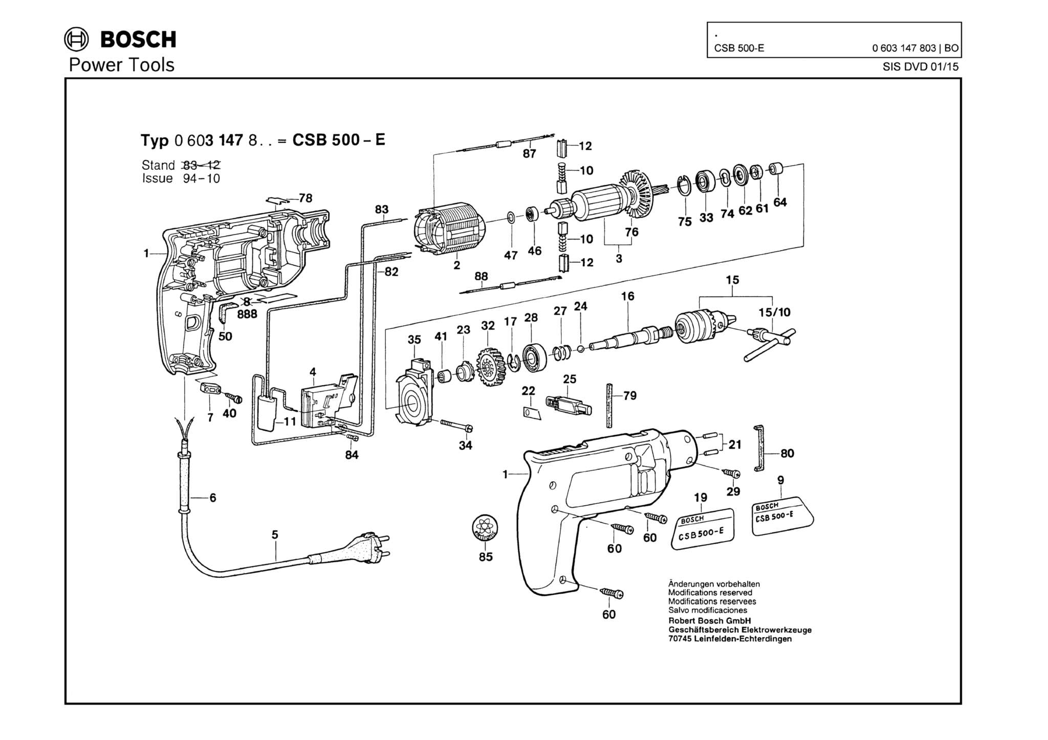 Запчасти, схема и деталировка Bosch CSB 500-E (ТИП 0603147803)