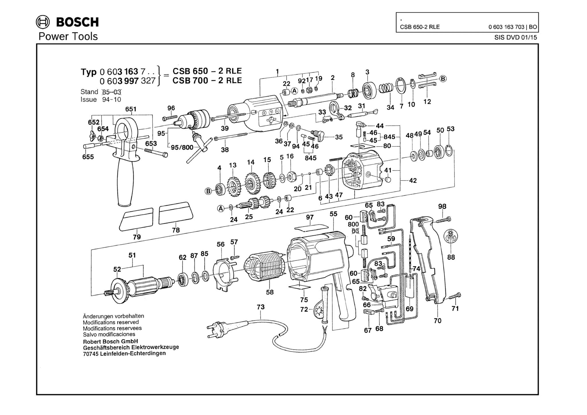 Запчасти, схема и деталировка Bosch CSB 650-2 RLE (ТИП 0603163703)