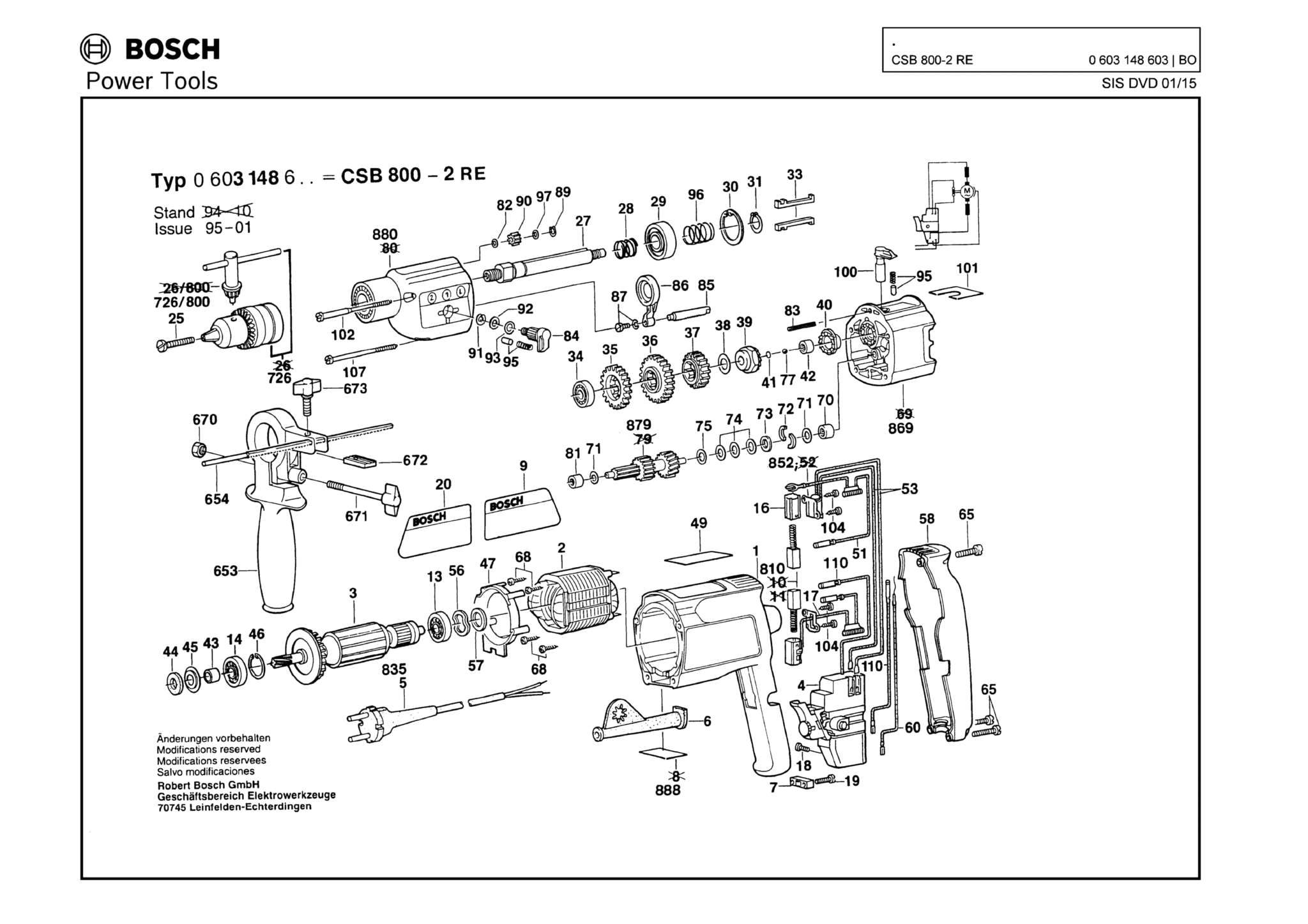 Запчасти, схема и деталировка Bosch CSB 800-2 RE (ТИП 0603148603)