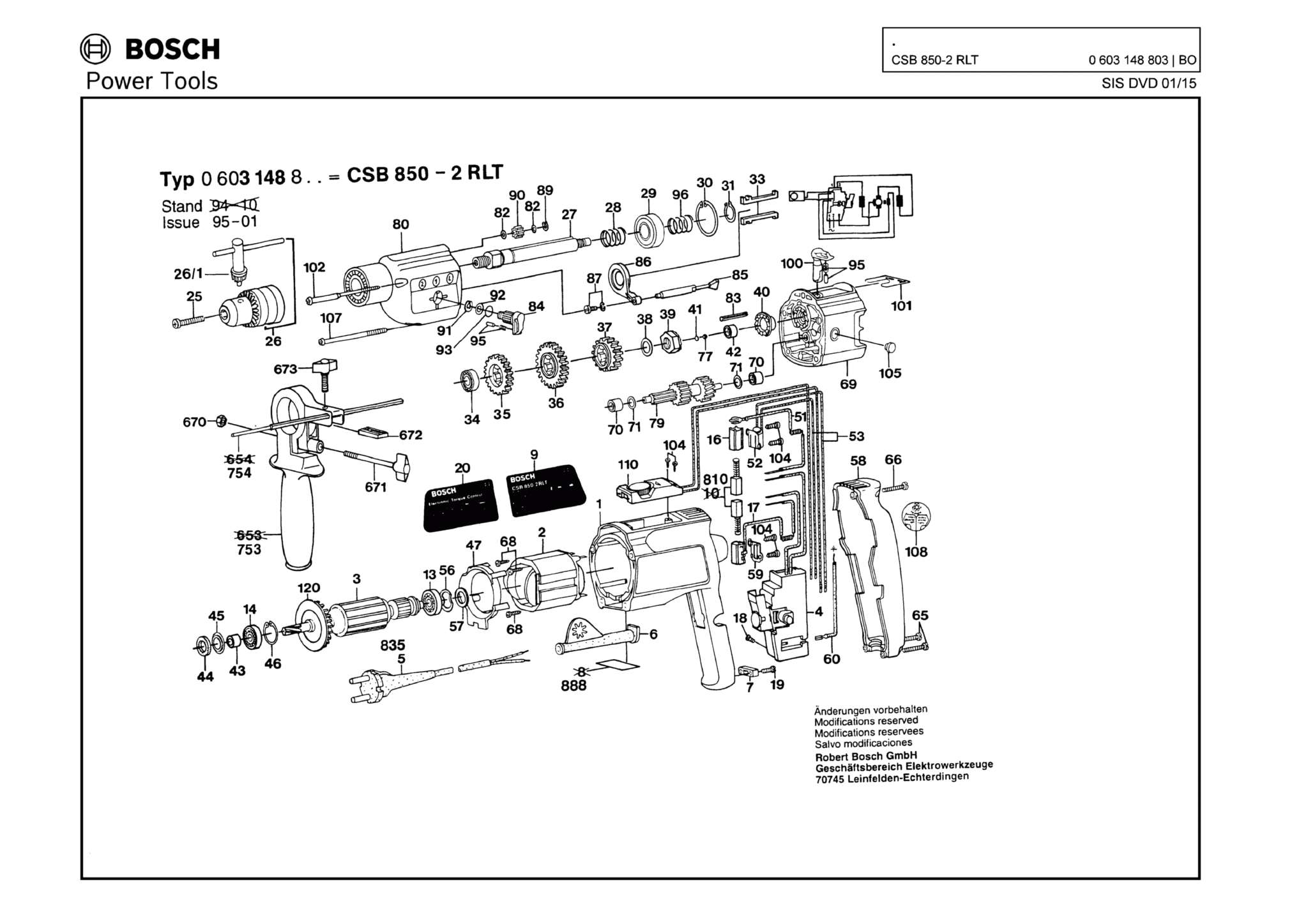 Запчасти, схема и деталировка Bosch CSB 850-2 RLT (ТИП 0603148803)