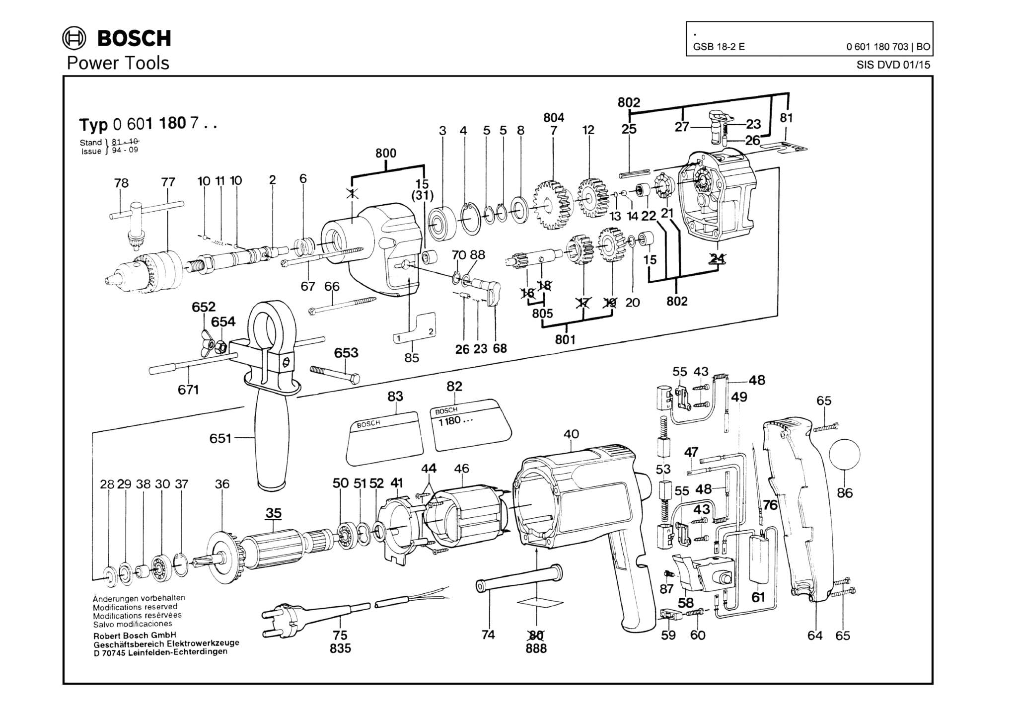 Запчасти, схема и деталировка Bosch GSB 18-2 E (ТИП 0601180703)
