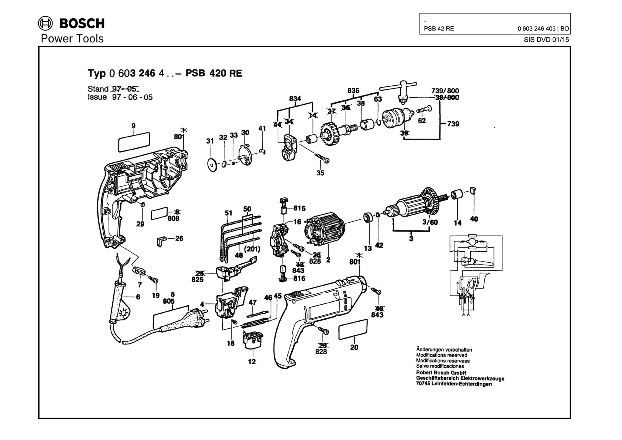 Запчасти, схема и деталировка Bosch PSB 42 RE (ТИП 0603246403)