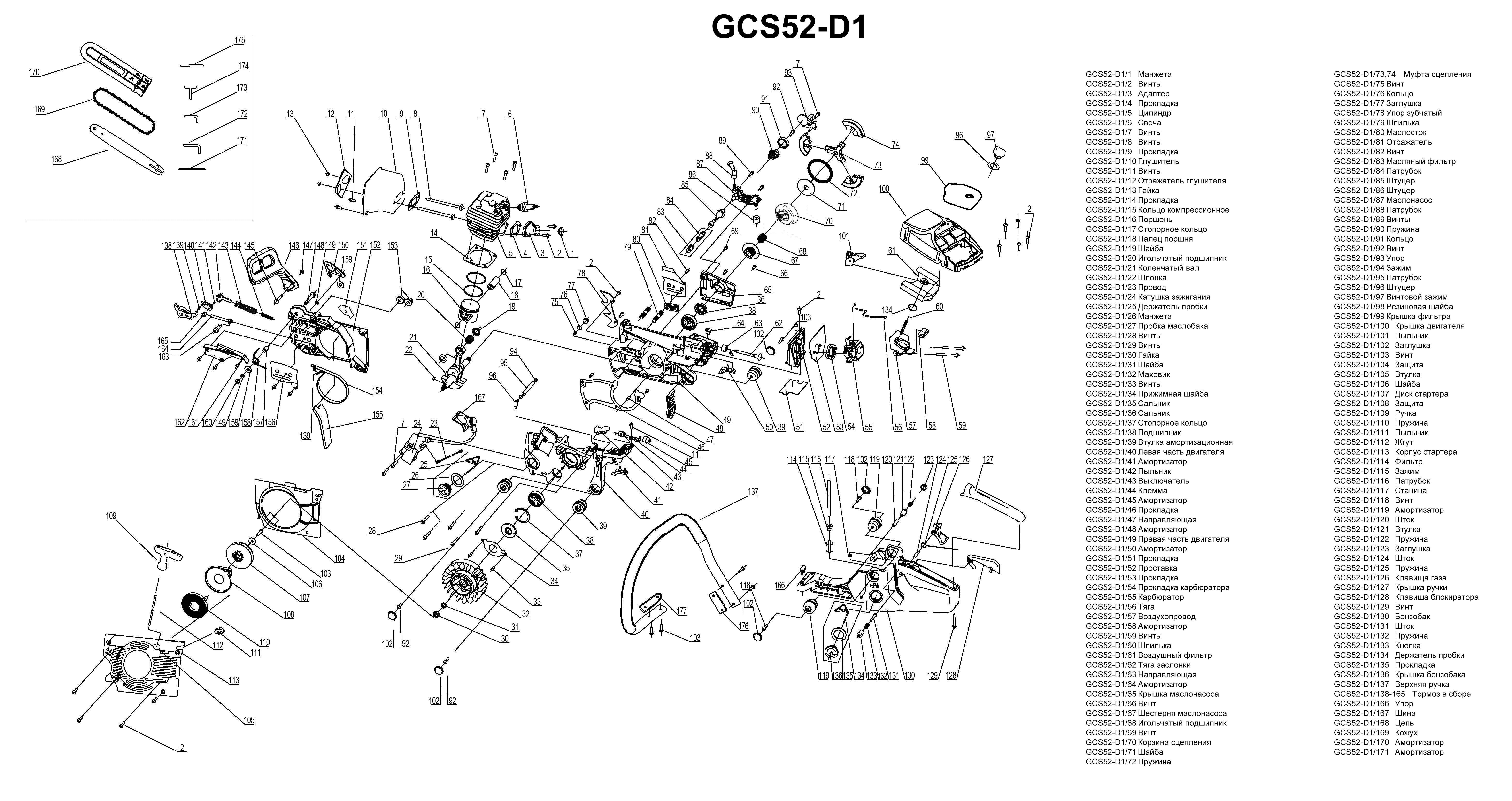 Запчасти, схема и деталировка Бензопила GCS52-D1 СТАНДАРТ