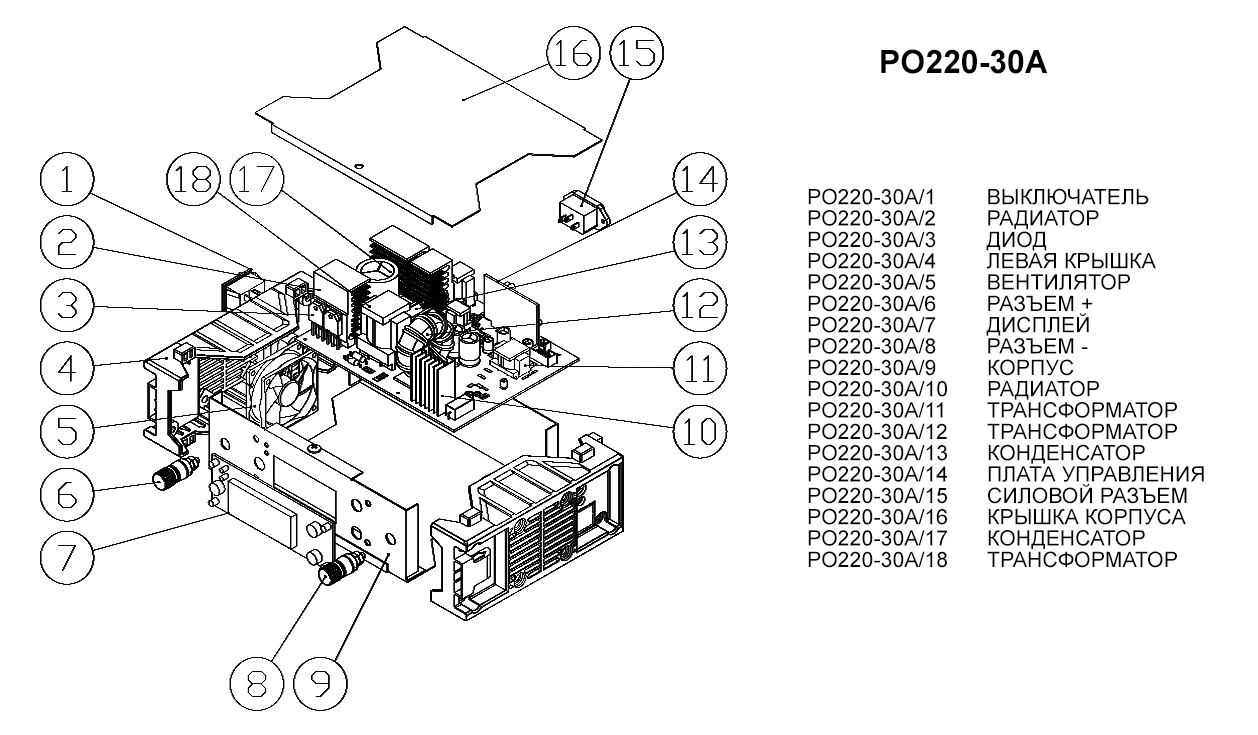 Запчасти, схема и деталировка Зарядное устройство инверторное РО220-30А