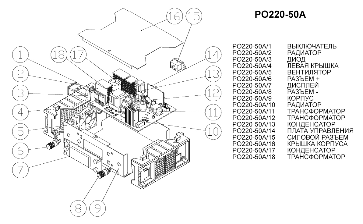 Запчасти, схема и деталировка Зарядное устройство инверторное РО220-50А
