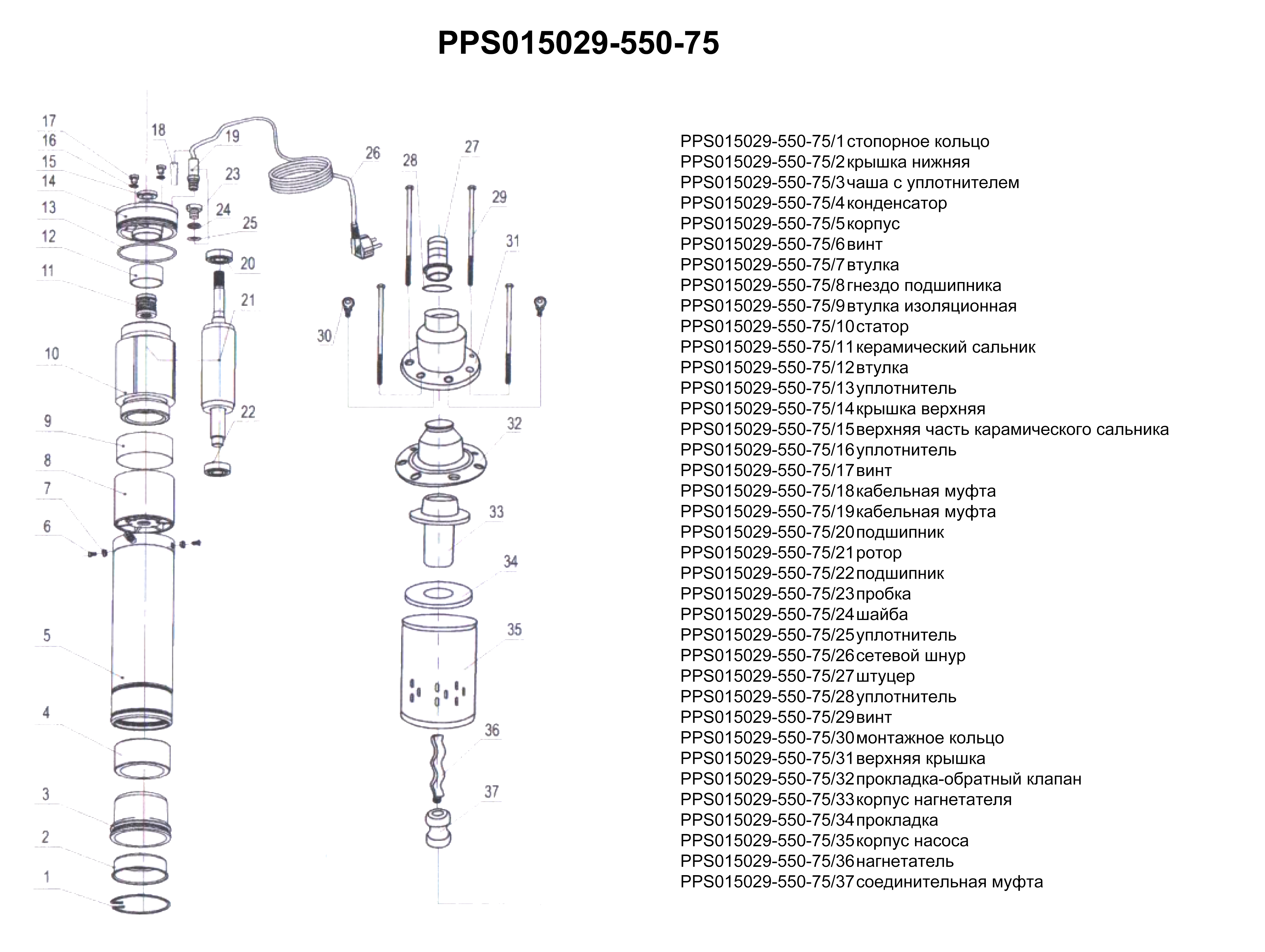 Запчасти, схема и деталировка Насос скважинный PPS015029-550-75