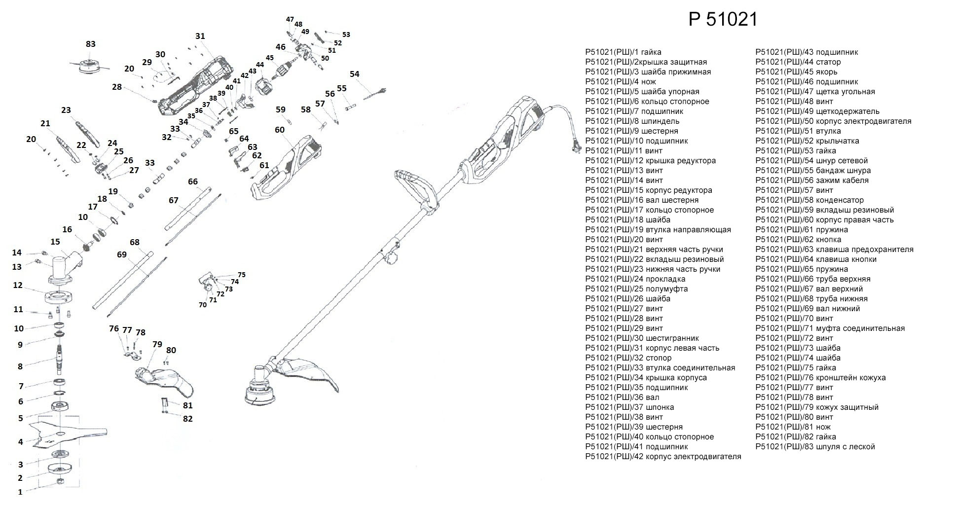 Запчасти, схема и деталировка Электротриммер P51021 (РШ)
