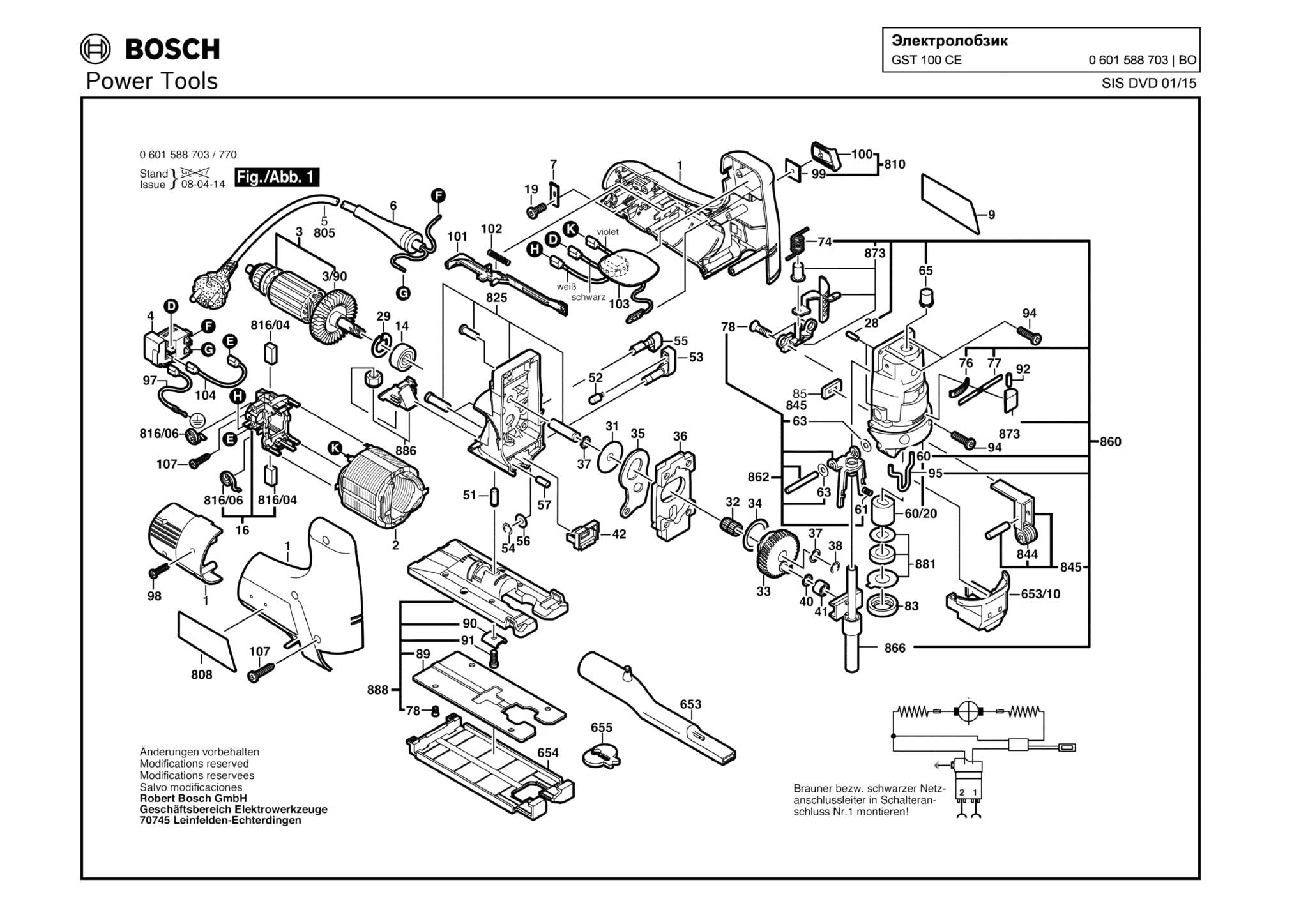 Запчасти, схема и деталировка Bosch GST 100 CE (ТИП 0601588703)