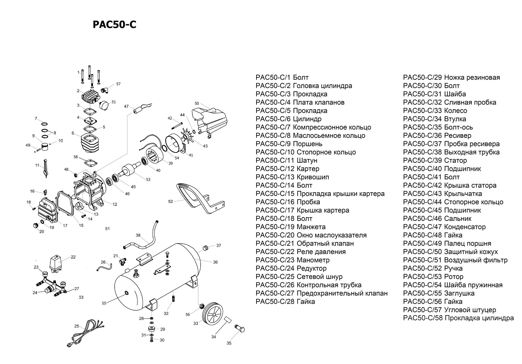 Запчасти, схема и деталировка Компрессор  PAC50-C   (1,8кВт, 2,5лс, 206 л/мин, 50л, 2 выхода, европереходник, масляный) P.I.T. 