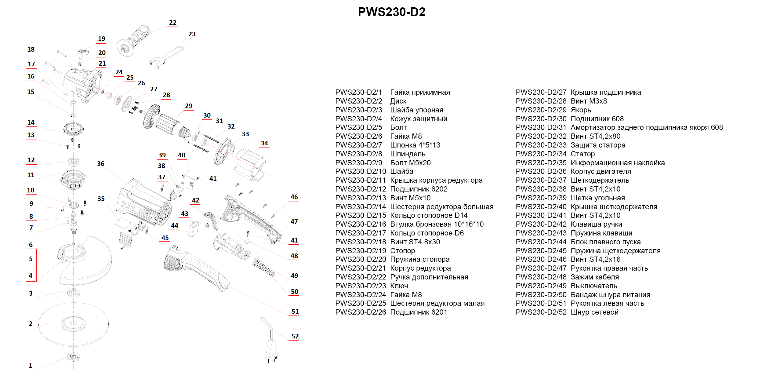 Запчасти, схема и деталировка УШМ P.I.T. PWS230-D2  СТАНДАРТ