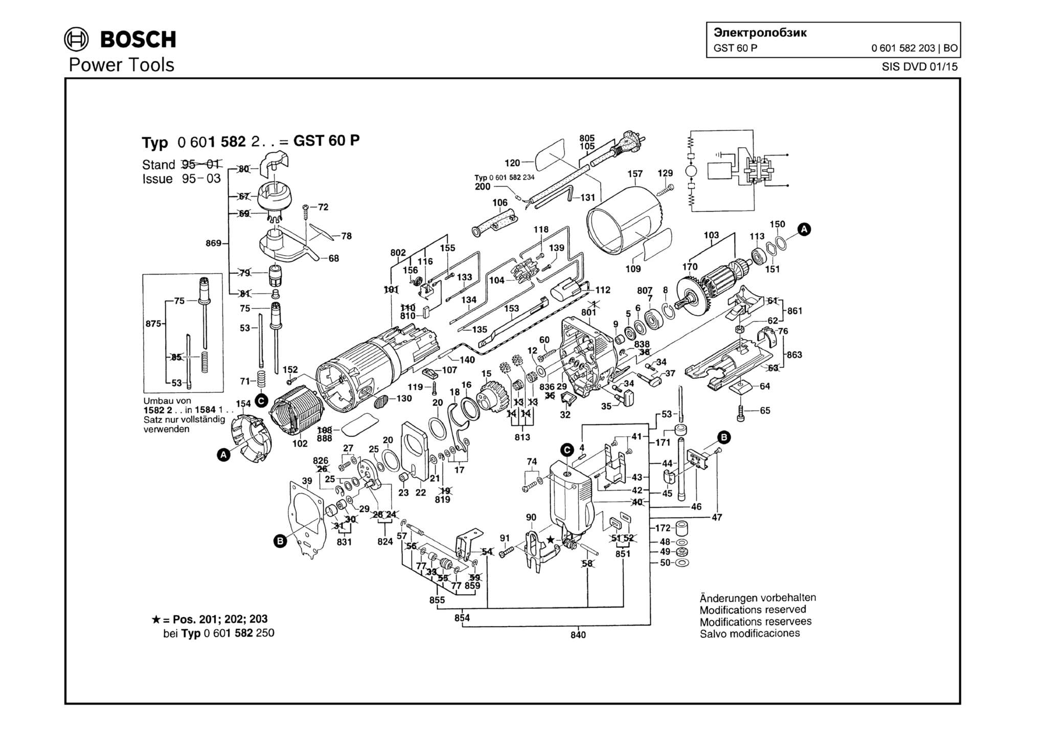Запчасти, схема и деталировка Bosch GST 60 P (ТИП 0601582203)