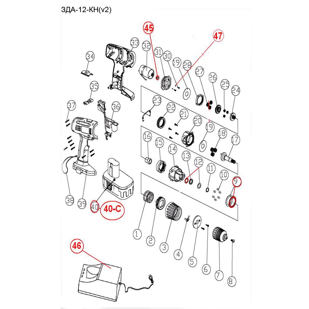 Запчасти, схема и деталировка Дрель - шуруповерт, 2 АКБ ЗДА-12-КН
