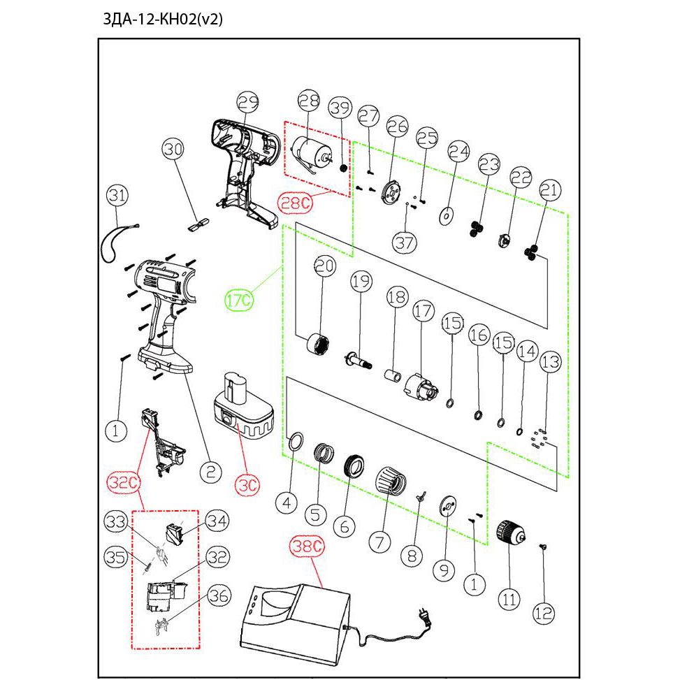 Запчасти, схема и деталировка Дрель - шуруповерт, 2 АКБ ЗДА-12-КН02
