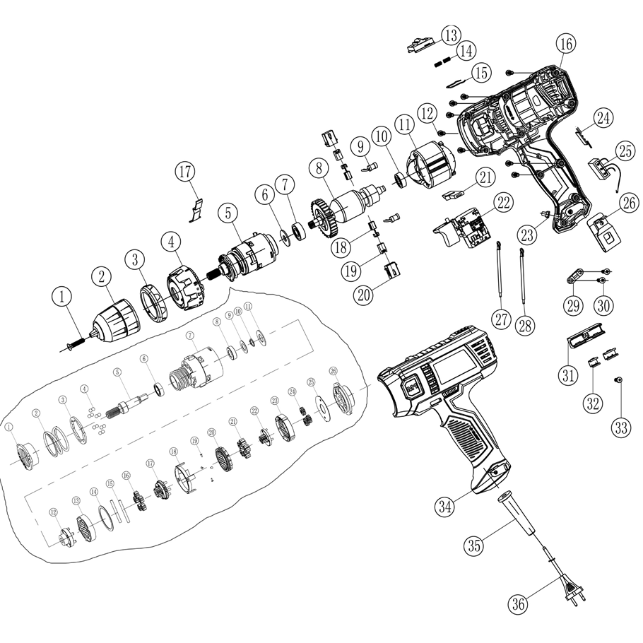 Запчасти, схема и деталировка Дрель-шуруповерт сетевая ДШ-М1-400-2