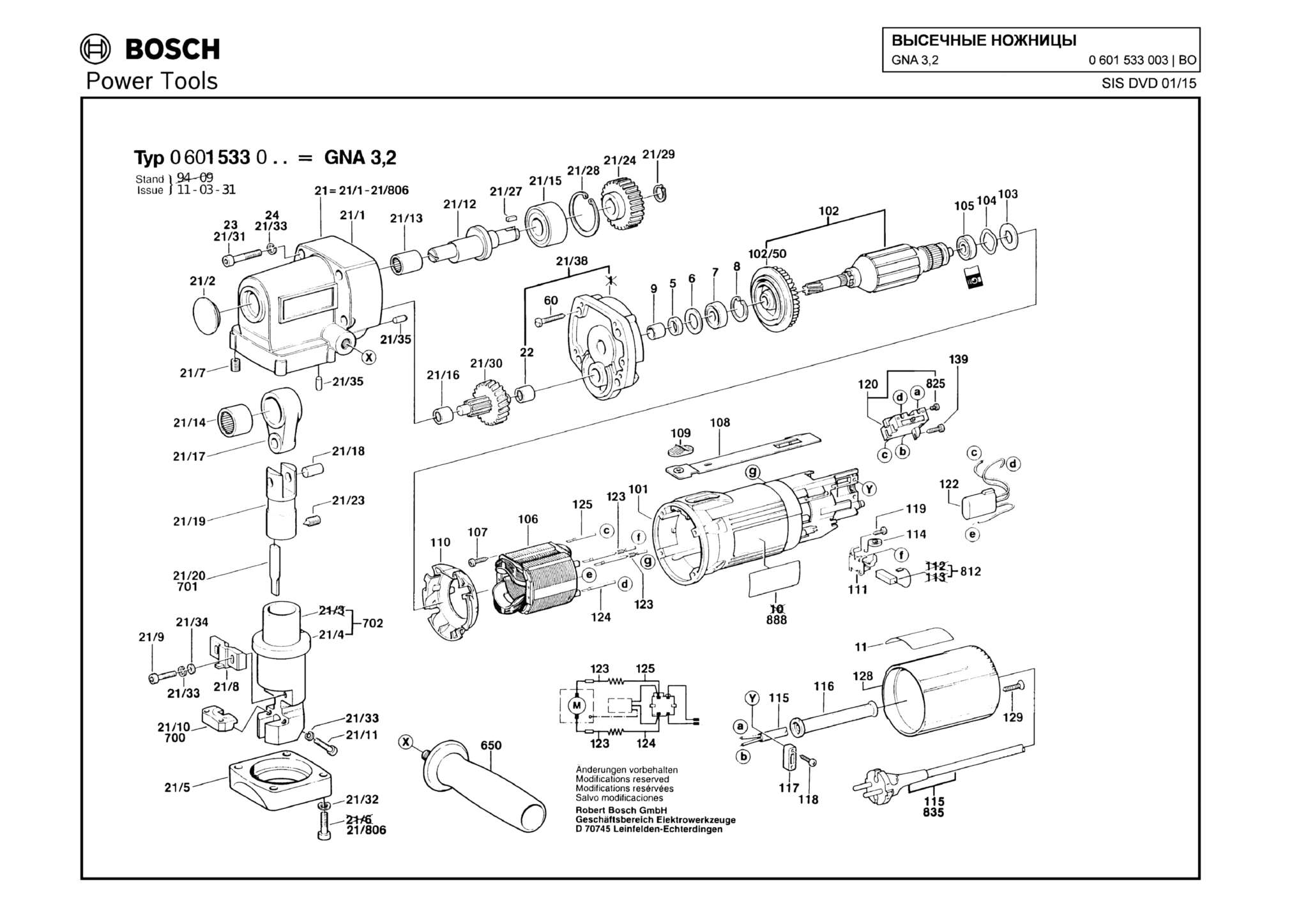 Запчасти, схема и деталировка Bosch GNA 3,2 (ТИП 0601533003)