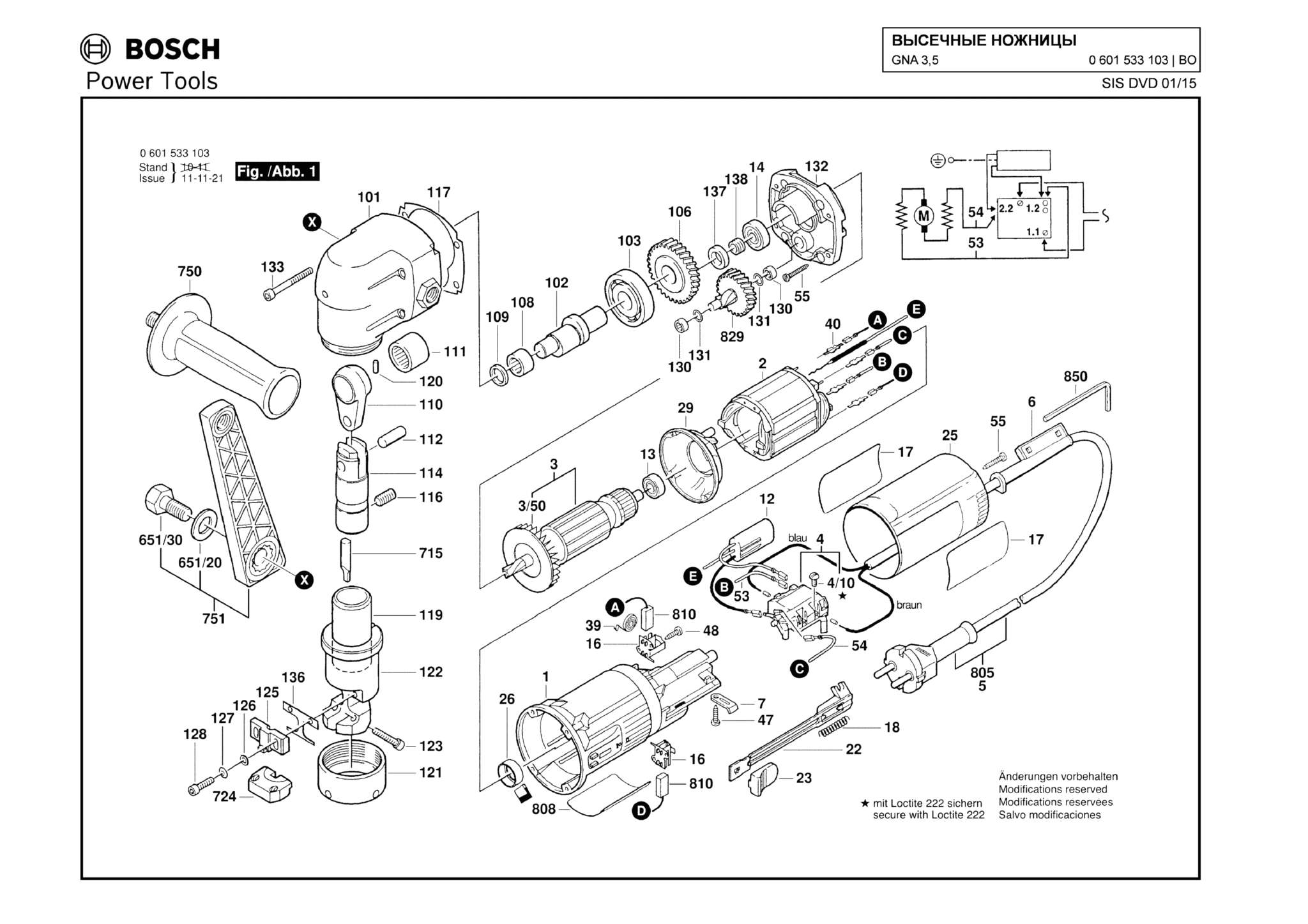 Запчасти, схема и деталировка Bosch GNA 3,5 (ТИП 0601533103)