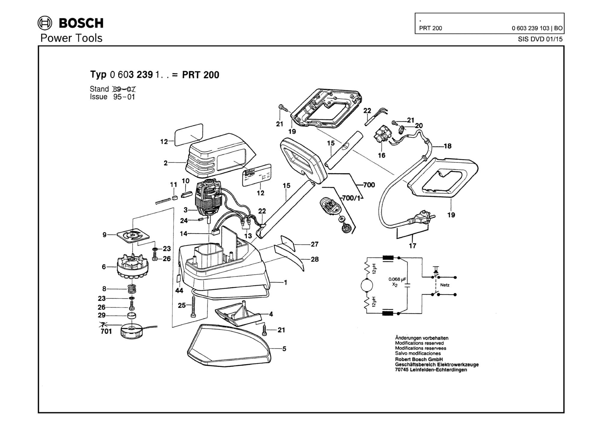 Запчасти, схема и деталировка Bosch PRT 200 (ТИП 0603239103)