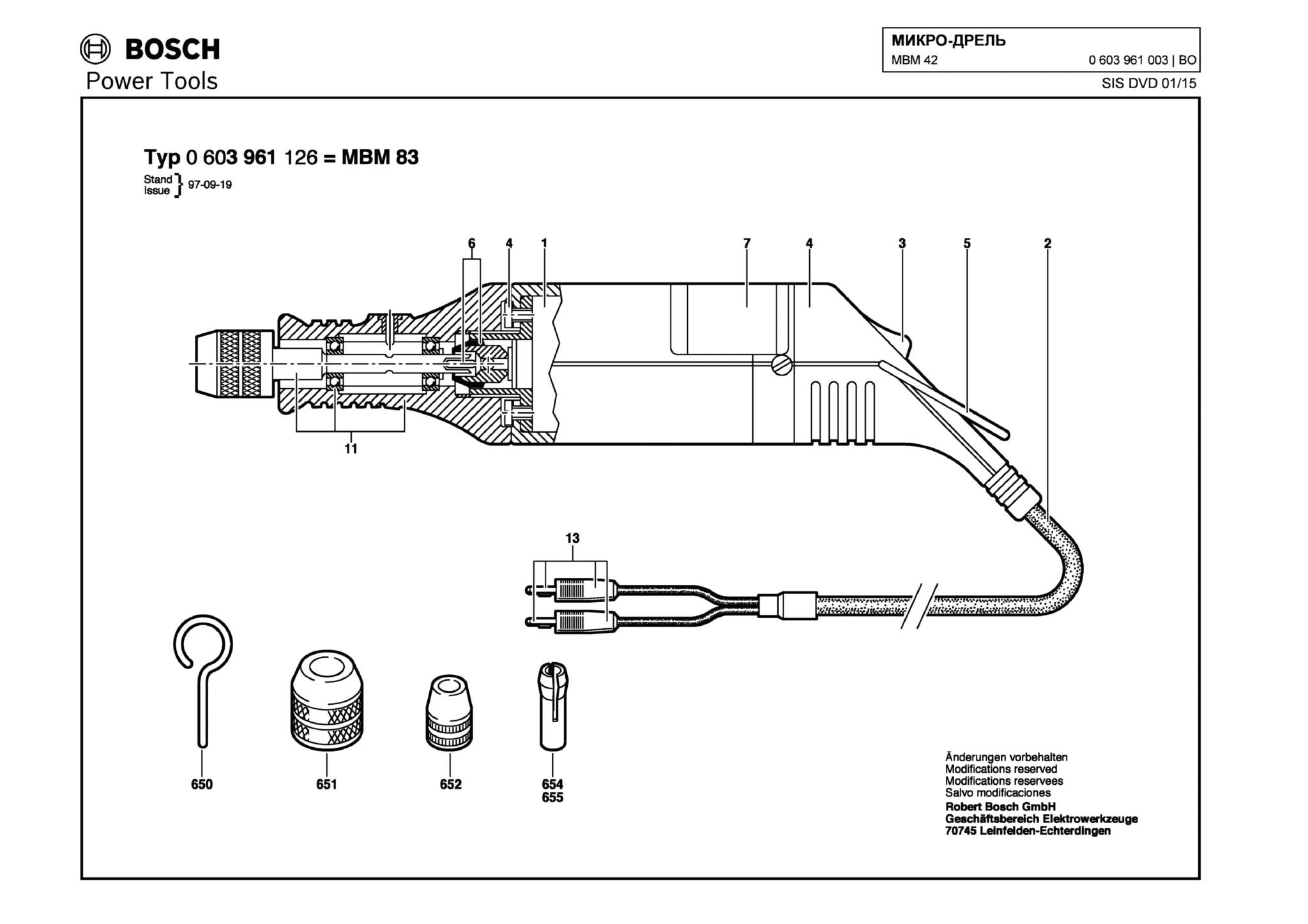 Запчасти, схема и деталировка Bosch MBM 42 (ТИП 0603961003)