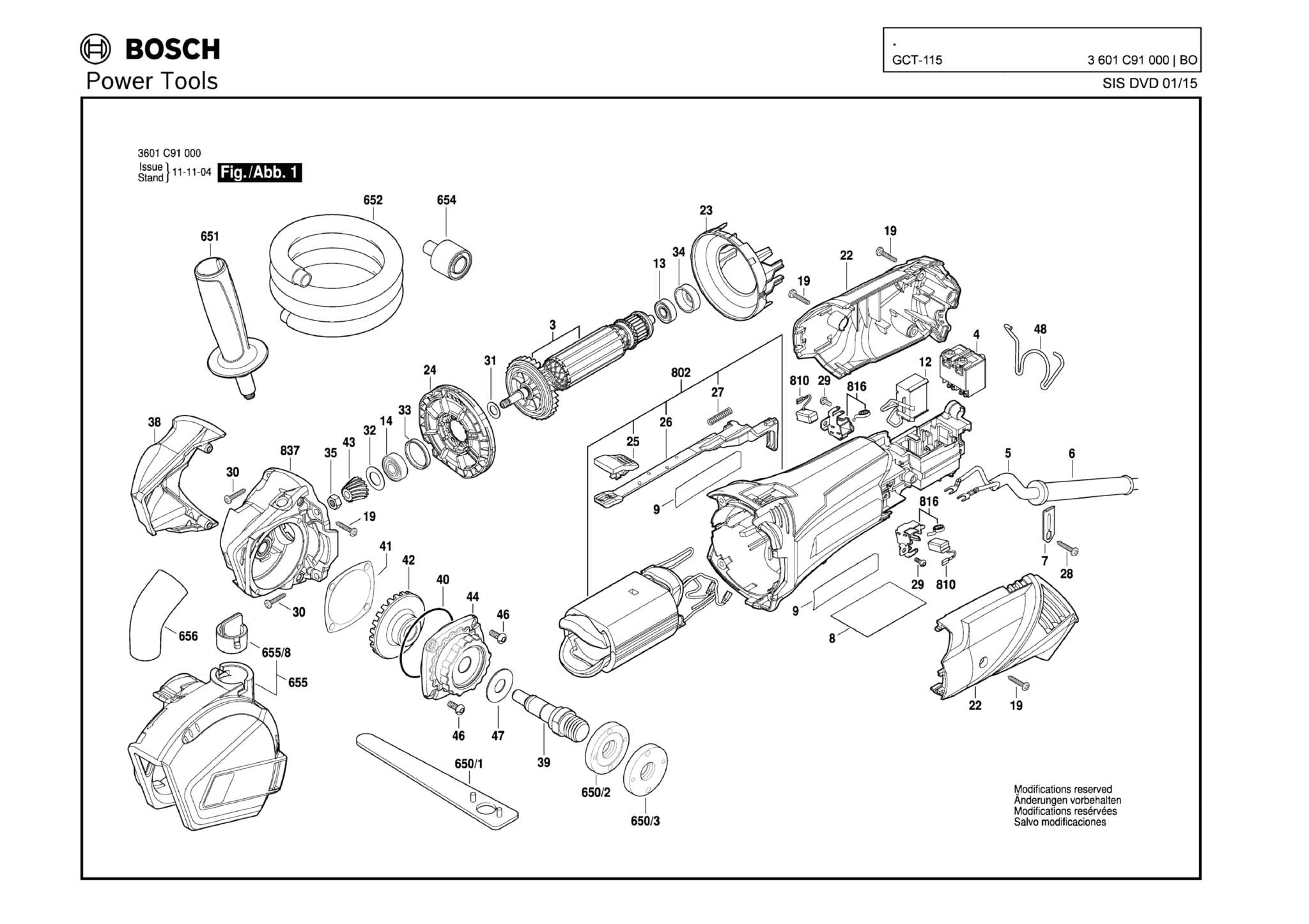 Запчасти, схема и деталировка Bosch GCT-115 (ТИП 3601C91000)