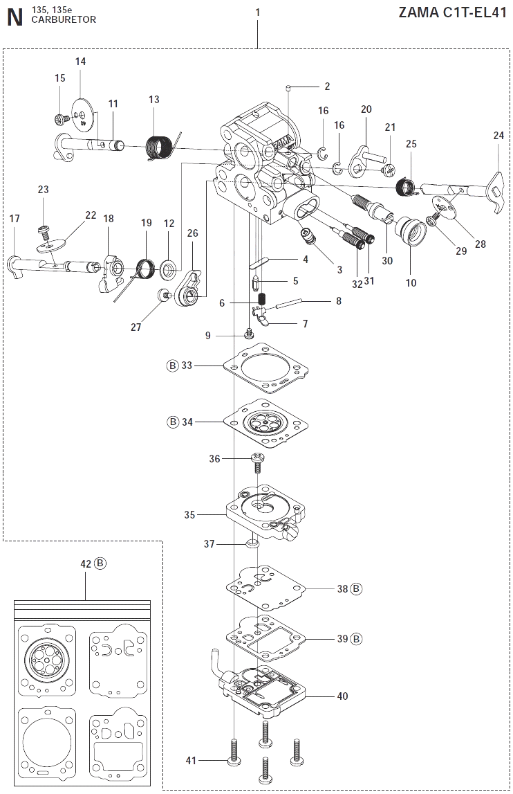 Запчасти, схема и деталировка Карбюратор и воздушный фильтр для Husqvarna 135