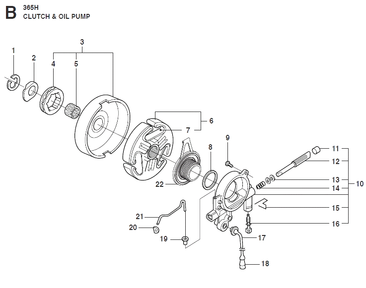 Запчасти, схема и деталировка Сцепление и маслонасос для Husqvarna 365 Н