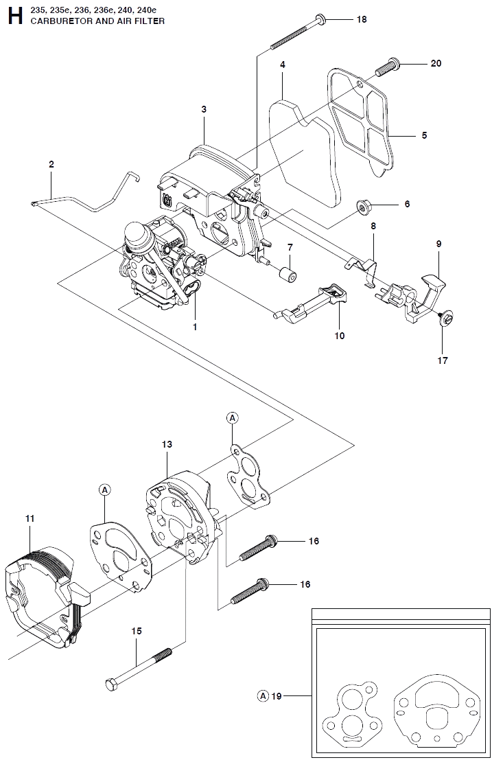 Запчасти, схема и деталировка Карбюратор и воздушный фильтр для Husqvarna 240