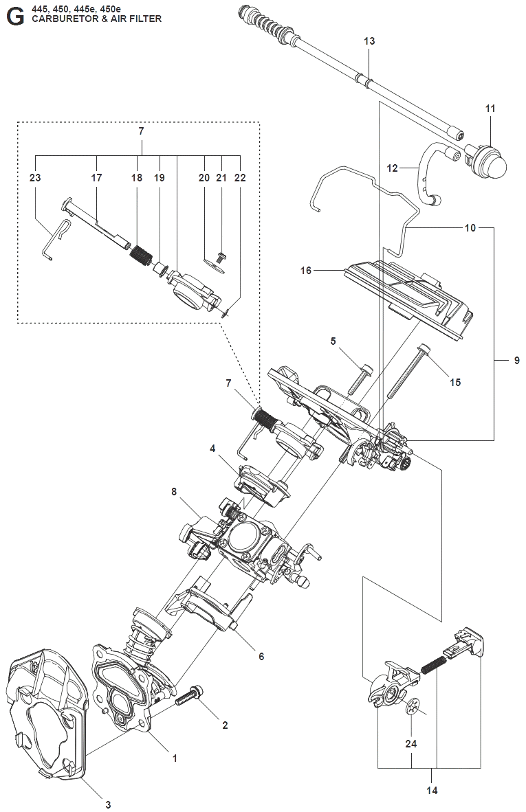 Запчасти, схема и деталировка Карбюратор и воздушный фильтр для Husqvarna 450 e