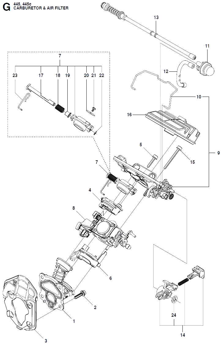 Запчасти, схема и деталировка Карбюратор и воздушный фильтр для Husqvarna 445 e