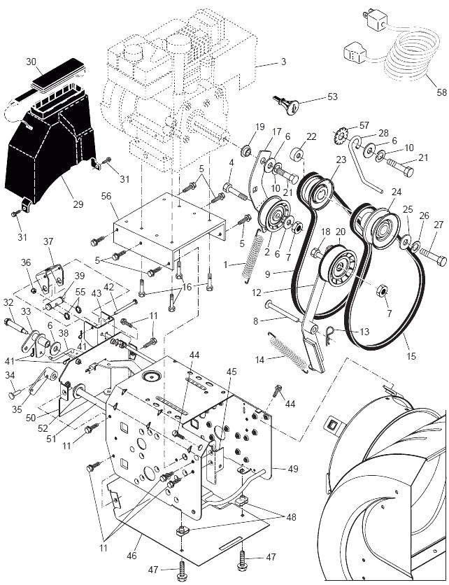 Запчасти, схема и деталировка Шасси, двигатель и шкивы для снегоуборщика Husqvarna 9027 STE