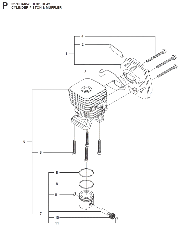 Запчасти, схема и деталировка Поршень, цилиндр и глушитель для бензоножниц Husqvarna 327HE15