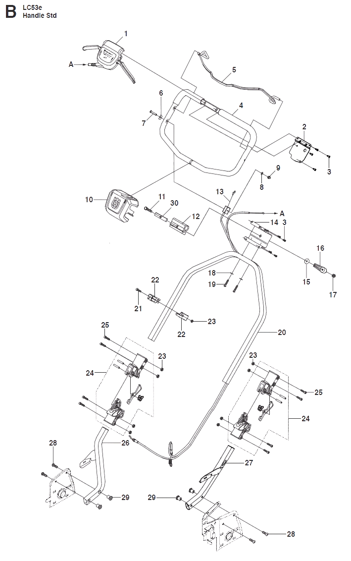 Запчасти, схема и деталировка Детали ручки управления для бензиновой газонокосилки Husqvarna LC53e