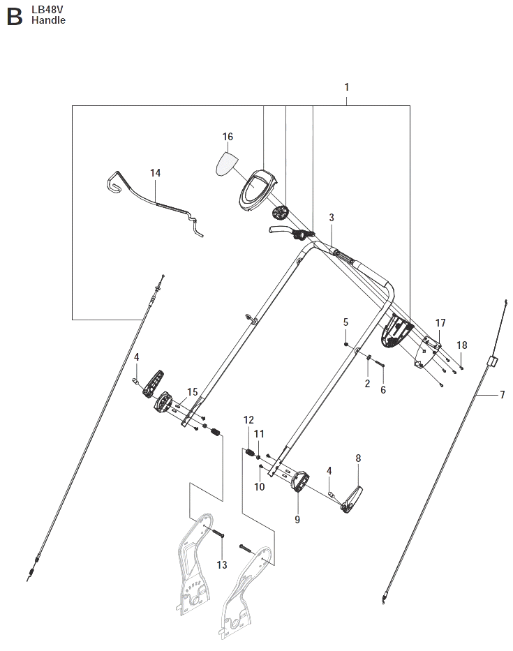 Запчасти, схема и деталировка Детали ручки управления для бензиновой газонокосилки Husqvarna LB48V