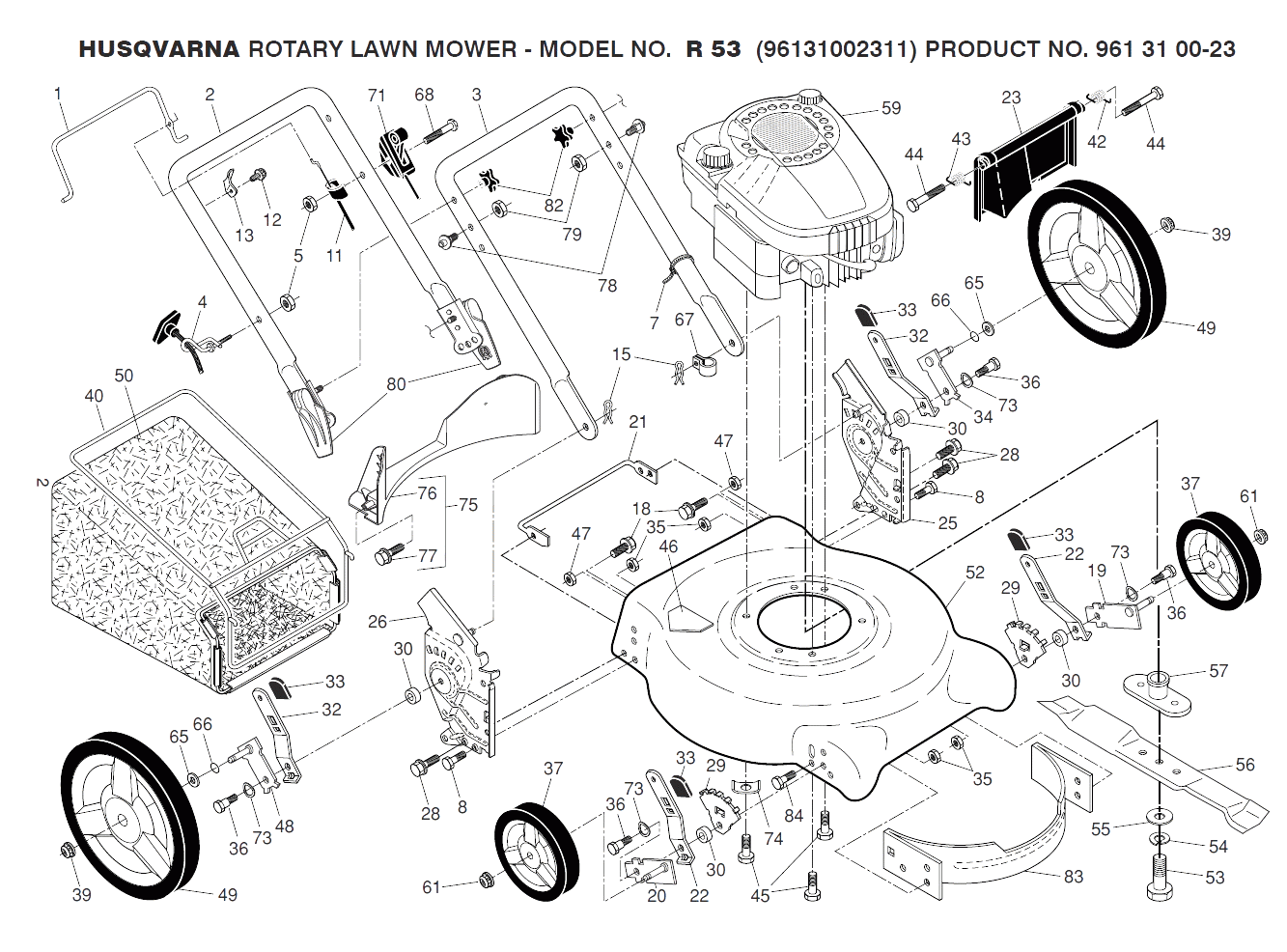 Запчасти, схема и деталировка Деталировка для бензиновой газонокосилки Husqvarna R53