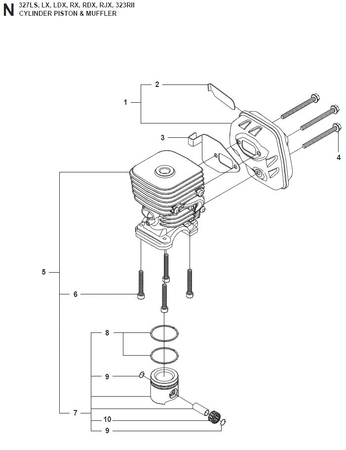Запчасти, схема и деталировка Поршень с цилиндром и глушитель для бензинового триммера (бензокосы) Husqvarna 327RDх
