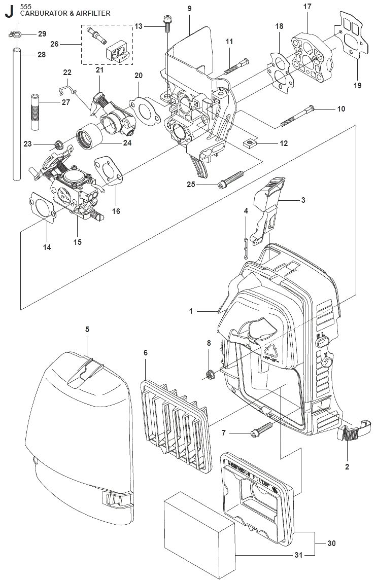Запчасти, схема и деталировка Карбюратор и возд.фильтр для бензинового триммера (бензокосы) Husqvarna 555Fx