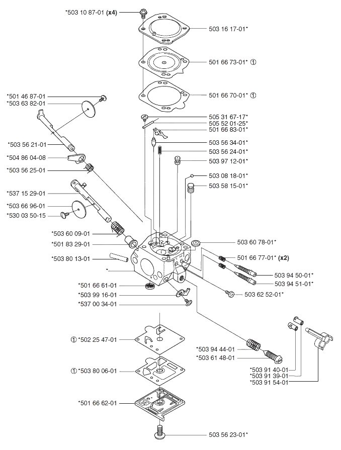 Запчасти, схема и деталировка Деталировка карбюратора бензинового триммера Husqvarna 252 RX