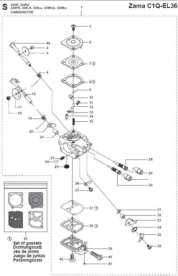 Запчасти, схема и деталировка Деталировка карбюратора для 335FR