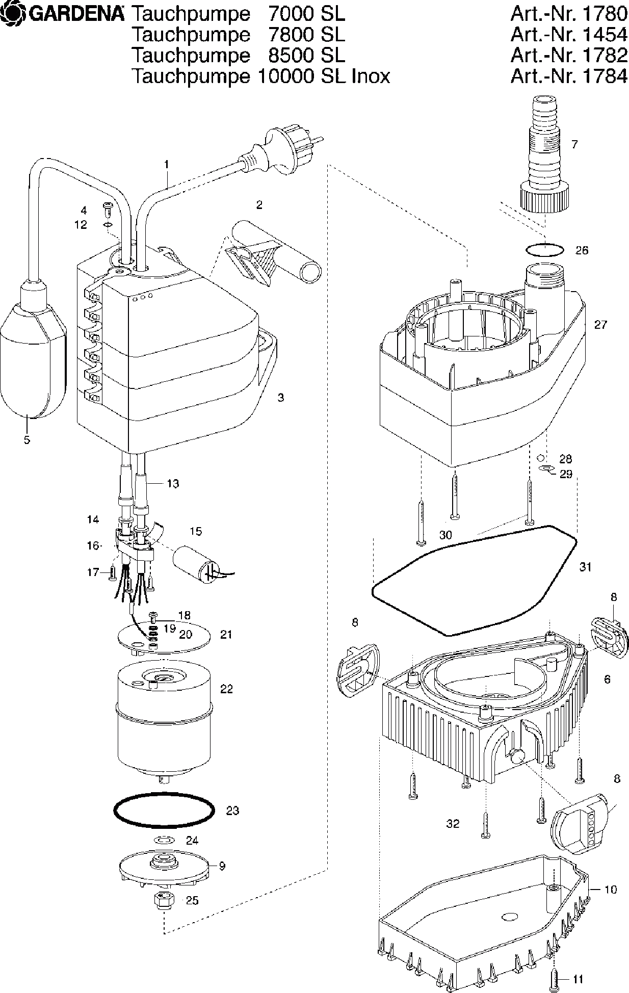 Запчасти, схема и деталировка GARDENA 10000 SL INOX (ДО 2007 ГОДА) (АРТ. 1784-20)