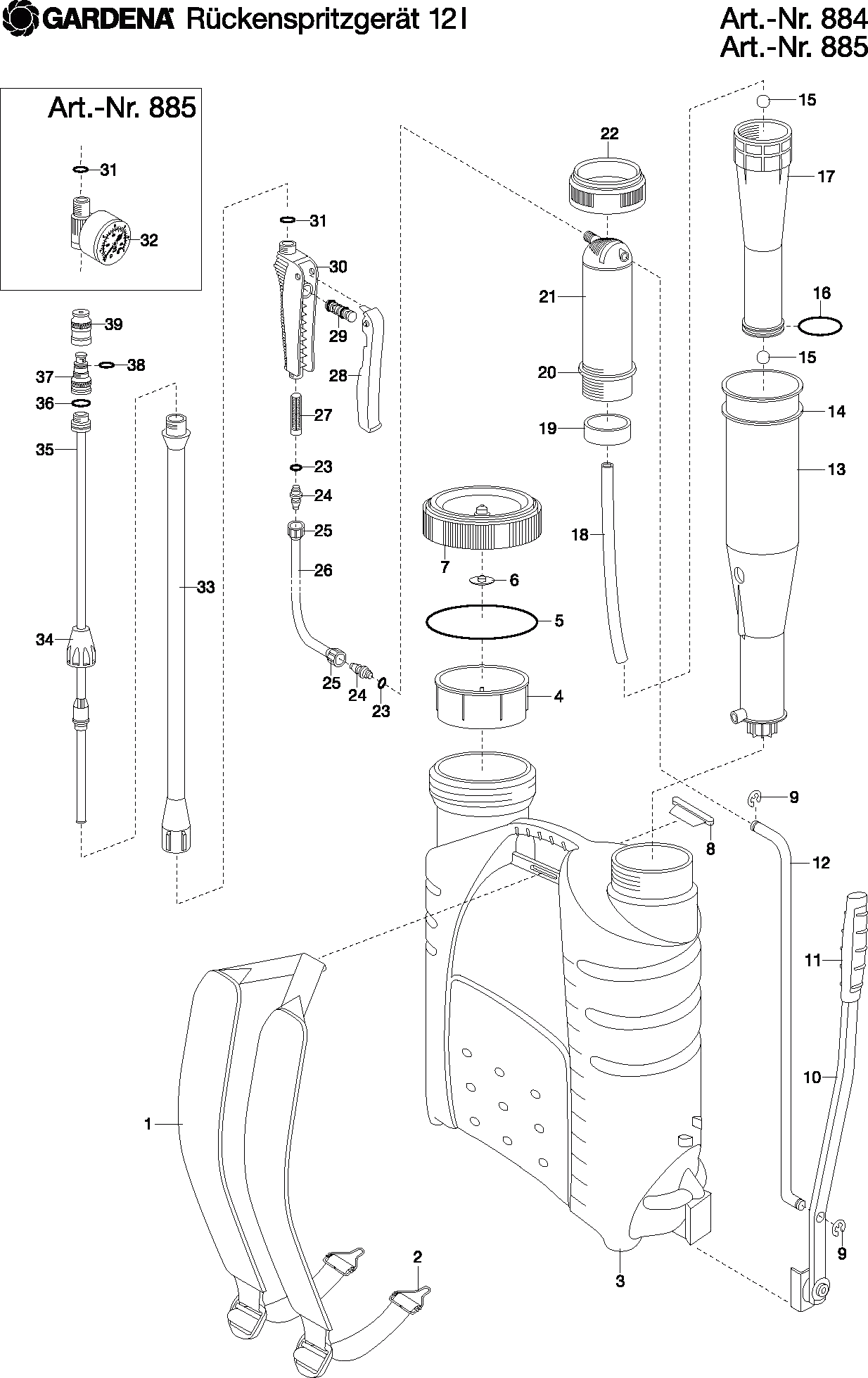 Запчасти, схема и деталировка GARDENA 12,0 Л (АРТ. 884,885)