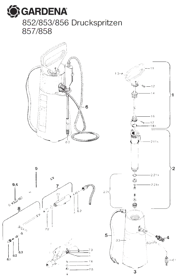 Запчасти, схема и деталировка GARDENA 3,0 / 5,0 / 8,0 Л (АРТ. 852,853,856,857,858)